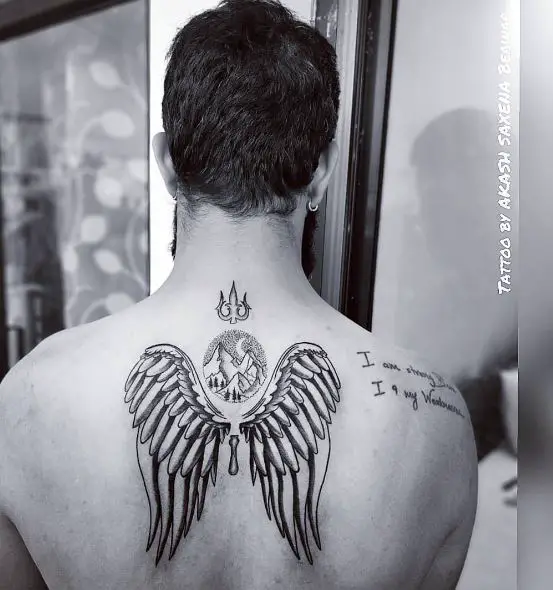 Trishul and Angel Wings Back Tattoo