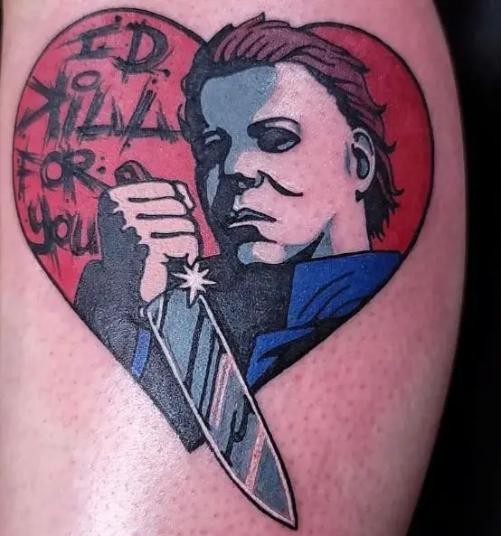 Heart and Michael Myers with Knife and Script Tattoo