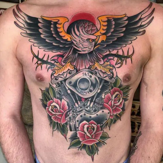 Colorful Eagle, Roses and Harley Davidson Engine Chest Tattoo