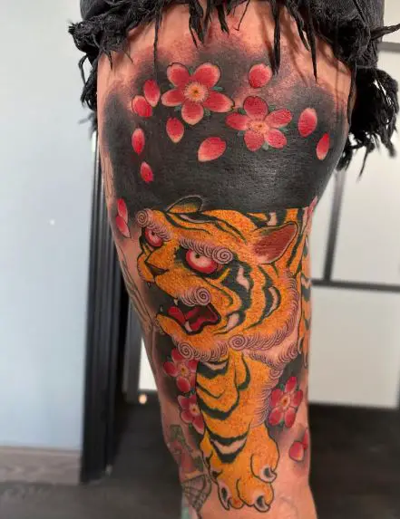 Red Flowers and Japanese Tiger Thigh Tattoo