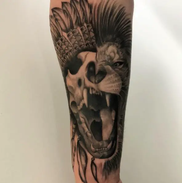 Half Lion, Half Skull with Feather Headdress Forearm Tattoo