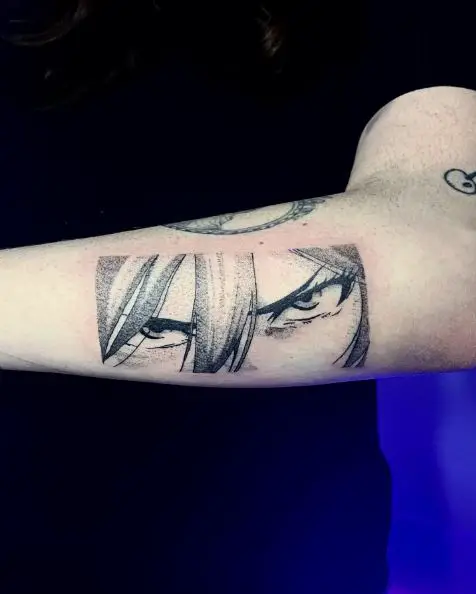 Black and Grey Mikasa Ackerman's Eyes Forearm Tattoo