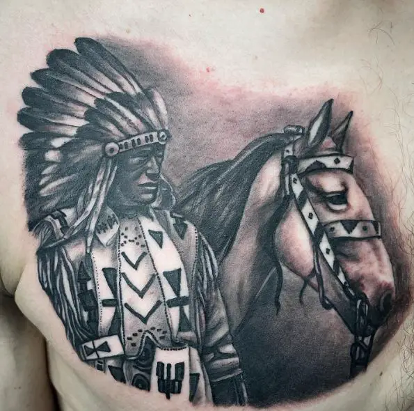 Black and Grey Sioux Chief with Horse Chest Tattoo