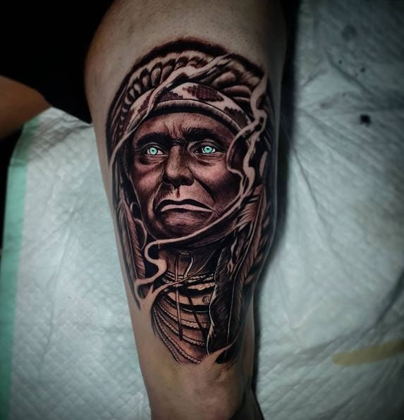 Apache Indian with Blue Eyes Thigh Tattoo