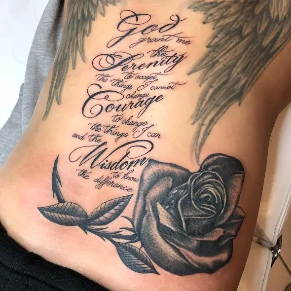 Black Rose and Serenity Prayer Quote Ribs Tattoo
