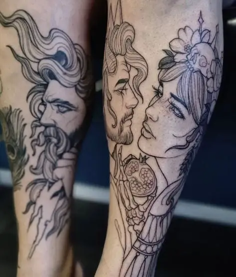 Black and Grey Hades and Persephone Leg Tattoo