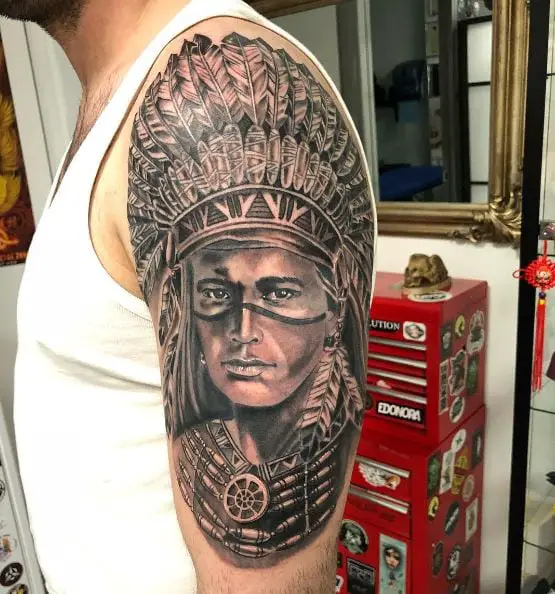 Apache Chief with Feather Headdress Arm Tattoo