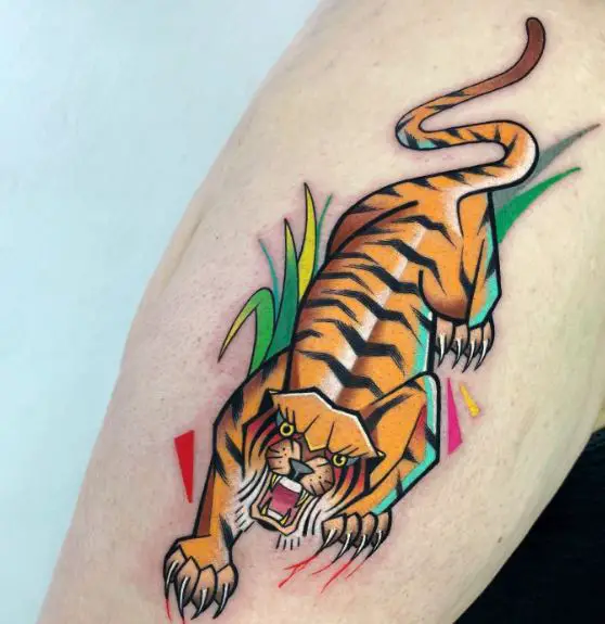 Colorful Crawling Tiger Arm Tattoo