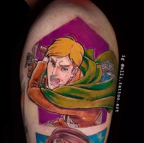 Colorful Commander Erwin Smith with Sword Shoulder Tattoo