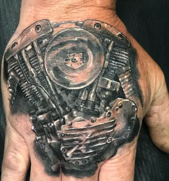 Black and Grey Harley Davidson Engine Hand Tattoo