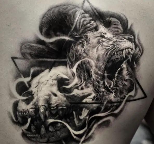 Black and Grey Roaring Lion and Lion Skull Back Tattoo