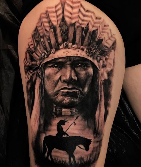 Apache Warrior with Horse, and Apache Chief Thigh Tattoo