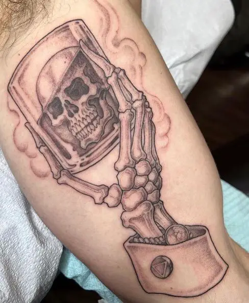 Skeleton Hand, and Glass with Skull Sobriety Inner Biceps Tattoo
