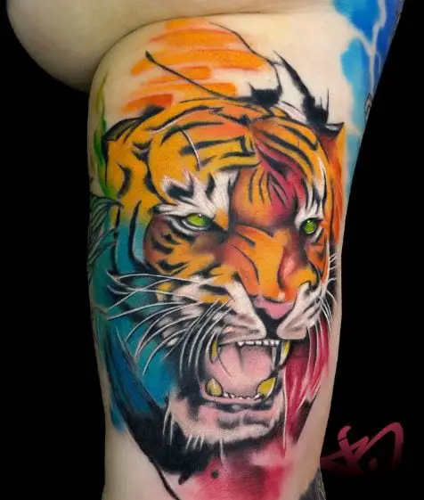 Colorful Roaring Tiger Head Arm Tattoo