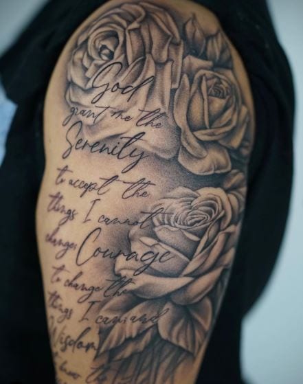 Black and Grey Roses and Serenity Prayer Quote Arm Tattoo