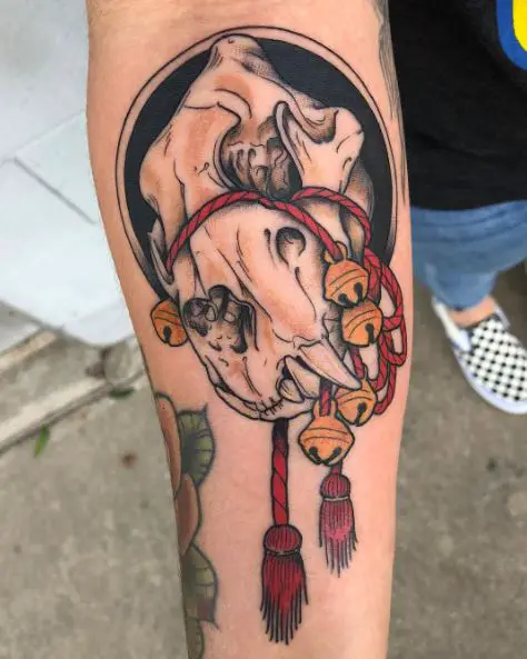 Colorful Rope with Bells, and Lion Skull Forearm Tattoo