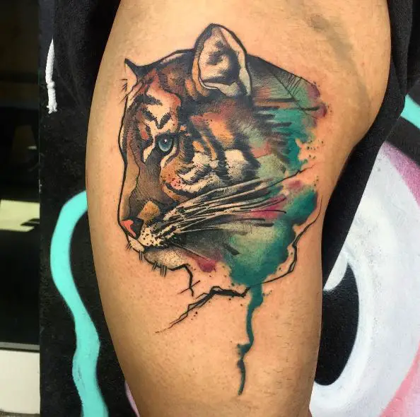 Colorful Tiger with Blue Eyes Arm Tattoo