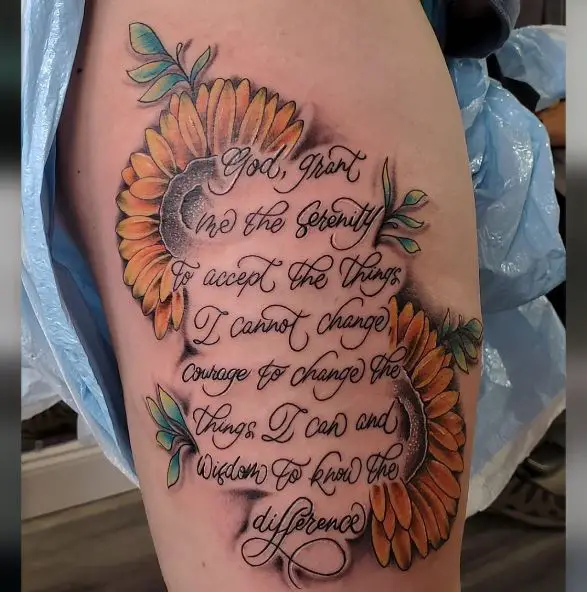 Sunflowers and Serenity Prayer Quote Thigh Tattoo