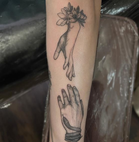 Hades Hand with Snake and Persephone Hand with Flowers Forearm Tattoo