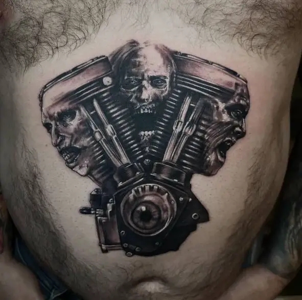 Black and Grey Zombies and Harley Davidson Engine Stomach Tattoo