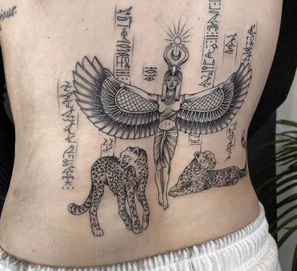 Two Jaguars and Egyptian Goddess Back Tattoo