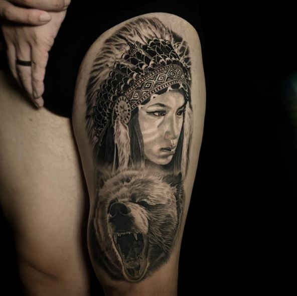 Bear, and Apache Warrior with Feather Headdress Thigh Tattoo