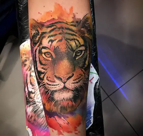 Colorful Tiger Face Forearm Tattoo