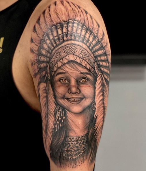 Apache Child with Feather Headdress Arm Tattoo