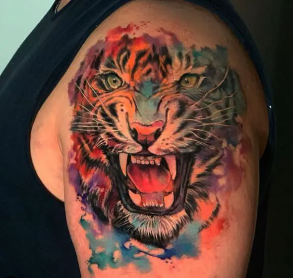Colorful Roaring Tiger Arm Tattoo