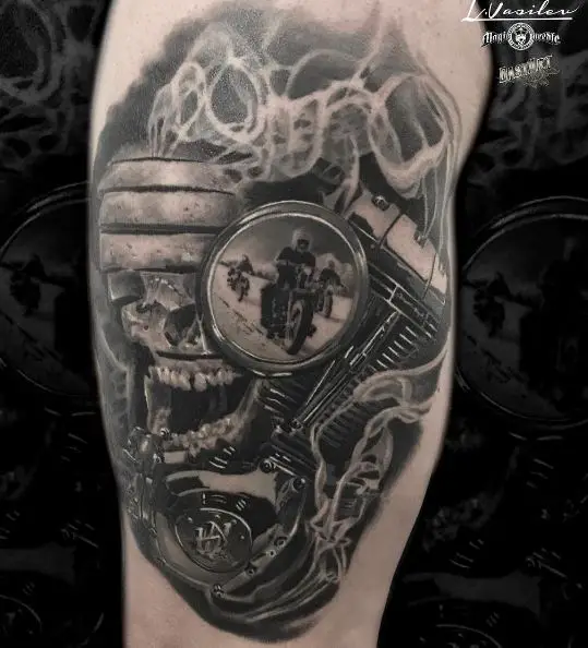 Black and Grey Harley Davidson Engine with Bikers Reflection Arm Tattoo
