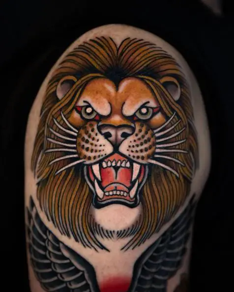 Colorful Traditional Roaring Lion Arm Tattoo