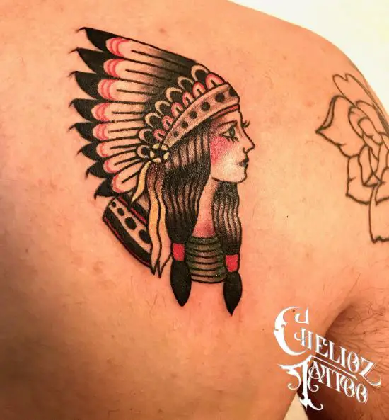 Apache Woman with Feather Headdress Back Tattoo