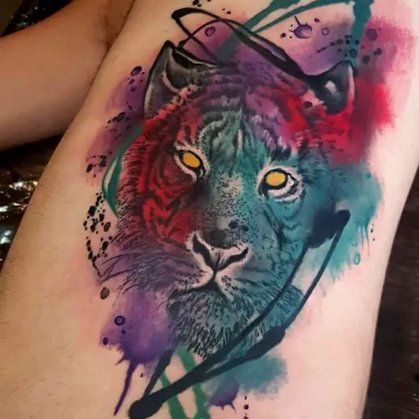 Colorful Tiger with Yellow Eyes Tattoo