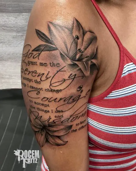 Flowers and Serenity Prayer Quote Arm Tattoo