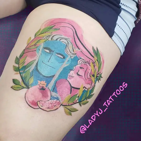 Colorful Hades and Persephone, with Pomegranate Thigh Tattoo