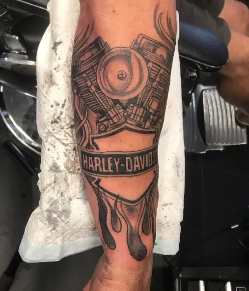 Black and Grey Harley Davidson Engine with Logo Forearm Tattoo
