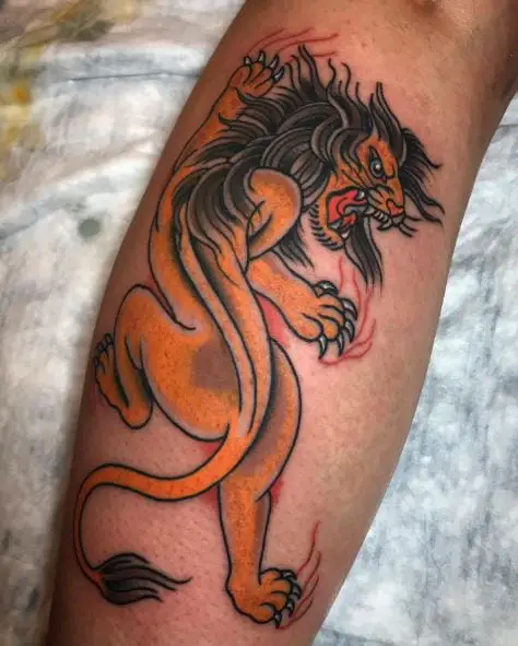 Bloody Scratches and Traditional Lion Forearm Tattoo