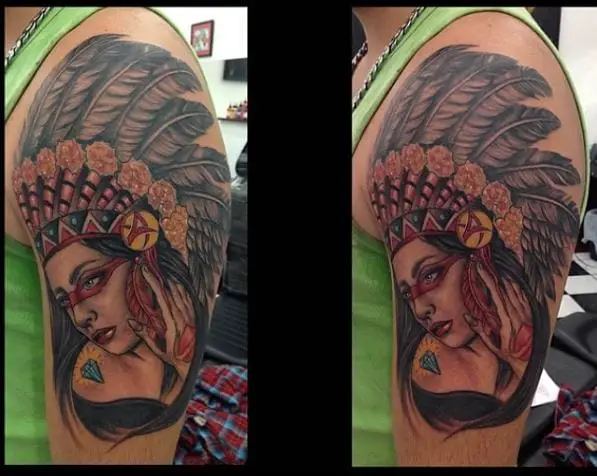Apache Woman with Feather Headdress Arm Tattoo