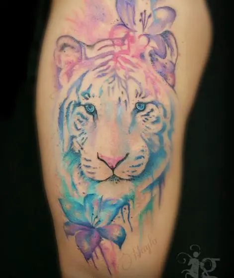 Colorful Flowers and Tiger Arm Tattoo