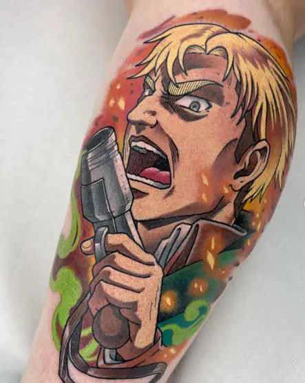 Colorful Angry Commander Erwin Smith Calf Tattoo