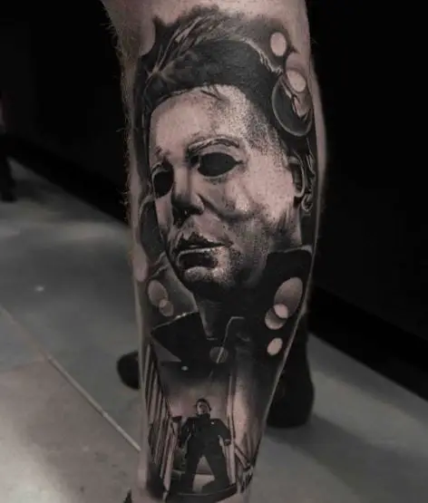 Black and Grey Michael Myers Leg Sleeve Tattoo
