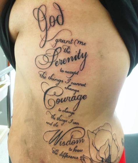 Rose and Serenity Prayer Quote Ribs Tattoo