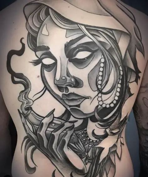 Girl with White Eyes Portrait Back Tattoo