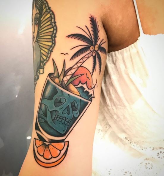 Orange, and Glass with Palm Tree and Skull Sobriety Arm Tattoo