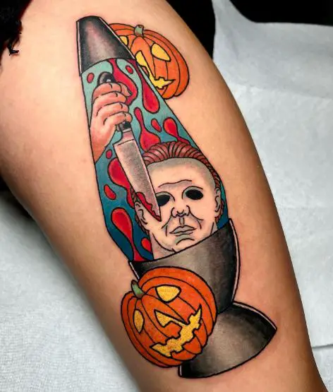 Colorful Lava Lamp and Michael Myers with Knife Arm Tattoo