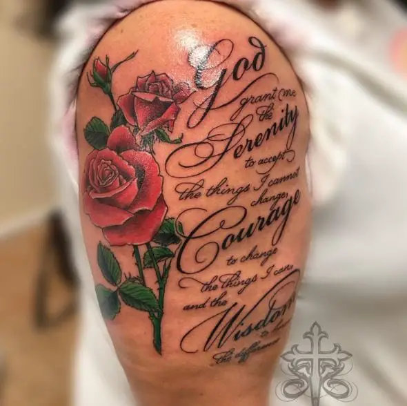 Red Roses and Serenity Prayer Quote Arm Tattoo