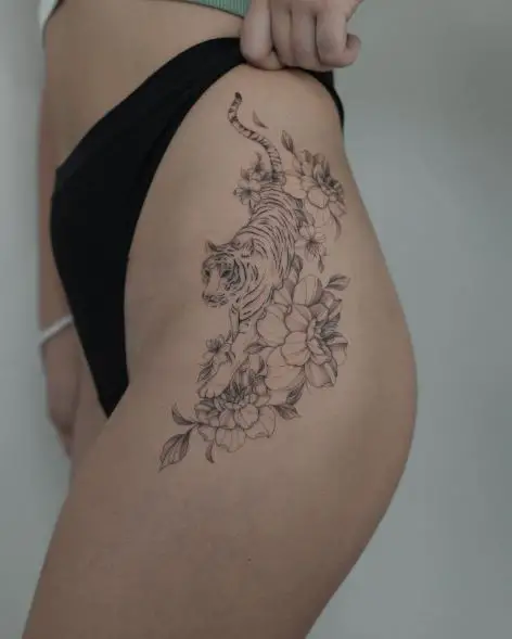 Black and Grey Flowers and Tiger Hip Tattoo