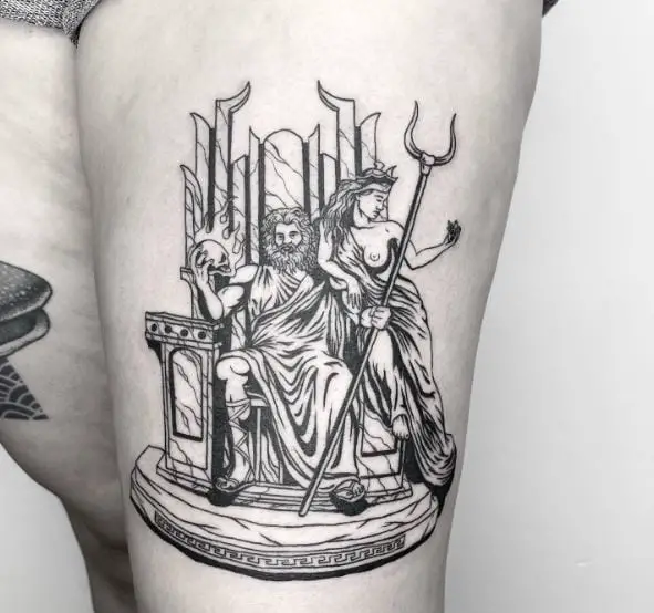 Hades with Bident and Persephone, on Tron Thigh Tattoo