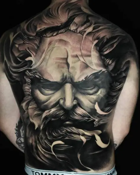 Old Man Head with Beard Portrait Back Tattoo