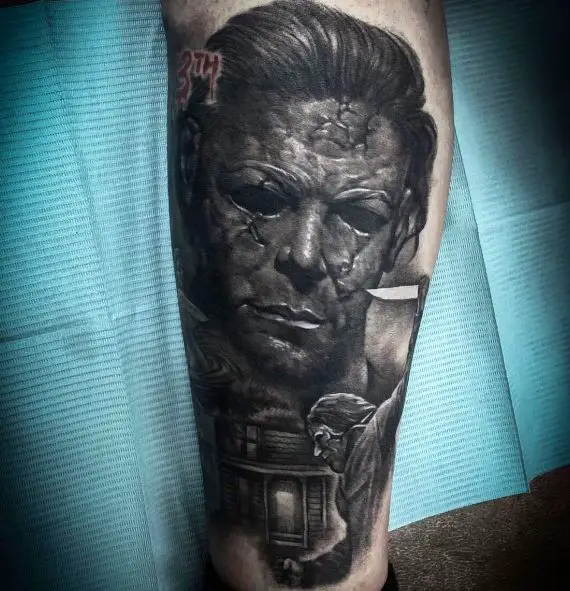 Black and Grey Michael Myers with Knife Leg Tattoo